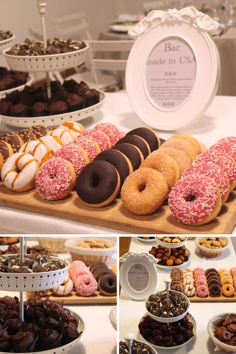 Bar traditionnel américain avec ses assortiments de donuts et muffinsmadeinusa donuts beignet muffin dessert sucrtraiteur traiteurprovence paca Donut Buffet, Donat Glaze, Muffin Dessert, Buffet Dessert, Donut Bar, Party Food Buffet, Party Food Platters, Food Displays, Dessert Buffet