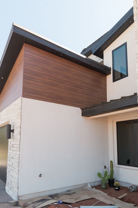 Exterior Wood Paneling Siding, Faux Cedar Siding, Wood Eves Exterior, Siding That Looks Like Wood, Faux Wood Exterior Siding, Composite Wood Siding Exterior, Wood Look Vinyl Siding Exterior, Vinyl Siding That Looks Like Wood, Exterior Wood Paneling