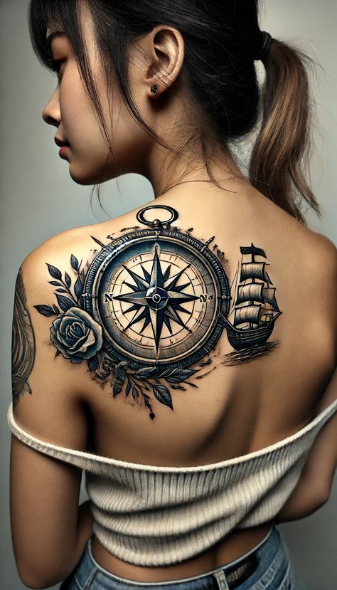 A girl's shoulder blade adorned with a detailed tattoo featuring a compass and a ship. The compass needle points towards the ship, surrounded by artistic floral and nautical elements, symbolizing personal guidance and journey in life Navigation Tattoo Design, Compass And Ship Tattoo, Compass Neck Tattoo, Compass Shoulder Tattoo, World Compass Tattoo, Ship Tattoo Design, Vintage Compass Tattoo, Tattoo On The Shoulder, Feminine Compass Tattoo