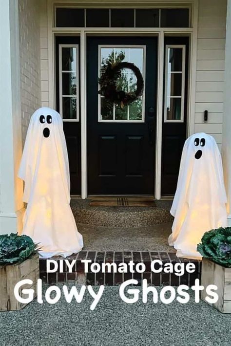 Halloween Craft With Tomato Cage, Halloween Decorations Using Tomato Cages, Halloween Ghost Made From Tomato Cage, Sheet Ghost Tomato Cage, Diy Halloween Light Up Ghost, Halloween Decor With Tomato Cages, Tomato Cage Light Up Ghost, Diy Crafts Using Tomato Cages, Halloween Ghost With Tomato Cage