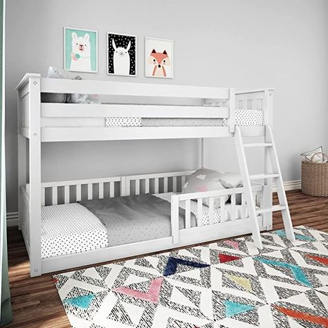 Max & Lily Twin over Twin Low Bunk with Three Guard Rails, White Low Bunk Bed, Solid Wood Bunk Beds, Low Bunk Beds, Bottom Bunk, Wood Bunk Beds, Top Bunk, Slatted Headboard, Twin Mattress Size, Twin Bed Frame