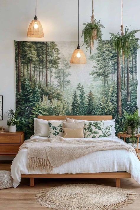 Let's face it - we all want that peaceful forest vibe in our bedrooms, but pulling it together without making it look like a camping setup isn't always easy. Forest Bedroom Ideas, Bedroom Ideas Wall, Forest Green Bedrooms, Camping Setup, Forest Bedroom, Forest Room, Forest Tapestry, Tapestry Bedroom, Forest Wall Art