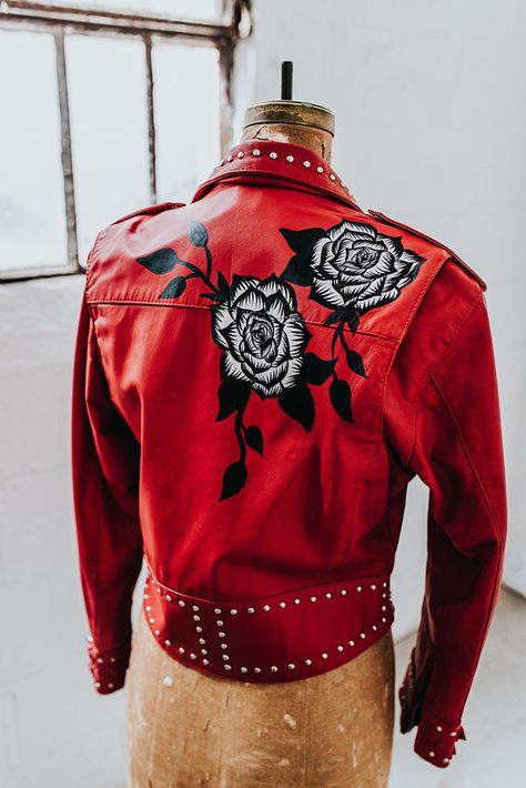 Hand Painted Red Vintage Leather Jacket by Once Upon a Laurén Vintage Leather Motorcycle Jacket, Painted Leather Jacket, Gender Fluid Fashion, Leather Scrap, Custom Leather Jackets, Hand Painted Roses, Masculine Style, Hand Painted Leather, Painted Clothes