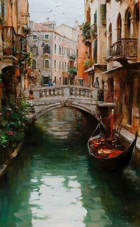 Italy Painting Acrylic, Dmitri Danish, Places To Draw, Oil Art Painting, Canal Art, Venice Painting, Paintings Pictures, Italy Painting, Abstract City