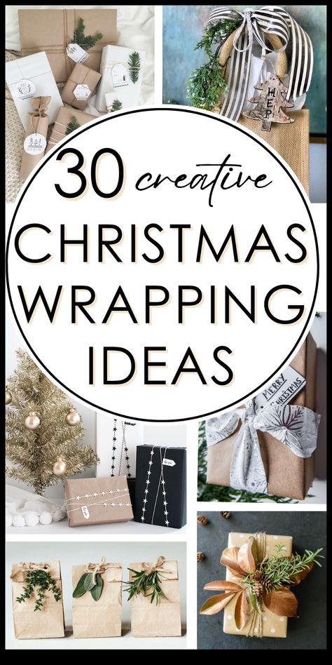 Get creative Christmas wrapping ideas! These are stylish and elegant ideas that use all kinds of materials like brown paper, black and white ribbons. So many easy ideas that are unique and simple! You can also these cute Christmas wrapped packages as decor! Gift Wrapping With Pine Cones, Decorating Packages For Christmas, Coordinated Christmas Wrapping, Ideas To Wrap Gifts, Christmas Wrapping Business, Gift Wrapping With Twine, Ornament Wrapping Ideas, Twine Christmas Wrapping, White Christmas Present Wrapping