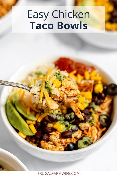 Easy chicken taco bowls - The Frugal Farm Wife Chicken Taco Bowl, Easy Chicken Taco, Black Bean Chicken Chili, Chicken Taco Bowls, Chicken Tacos Easy, Taco Bowl, Cilantro Lime Sauce, Super Easy Dinner, Farm Wife