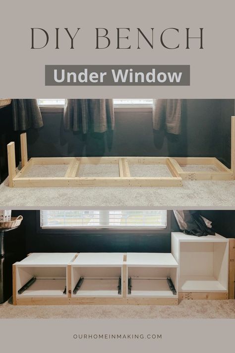 If you want to DIY bench under window that is easy and cheap, this post is for you. I've put together simple steps how to build Modern built-in window bench with storage. Checkout https://ourhomeinmaking.com for free tutorial on how to build a cozy window seat under window. Storage Bench Under Window Living Room, Diy Bench Under Window, Window Seat Ideas Bedroom, Under Window Bench, Window Bench Seat With Storage, Diy Window Bench, Bench Seat With Storage, Ikea Window Seat, Build A Window