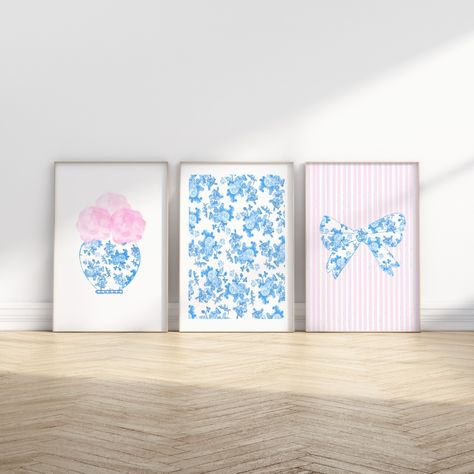 Blue and Pink Floral Bow Trendy Wall Prints Coastal Dorm Decor for Digital Download - Etsy Pink And Blue Wall Art, Pink And Blue Room Ideas, Blue And Pink Room, Pink And Blue Room, Blue And Pink Wall Art, Coastal Dorm, Trendy Wall Prints, Girl Dorm Decor, Chinoiserie Wall Art