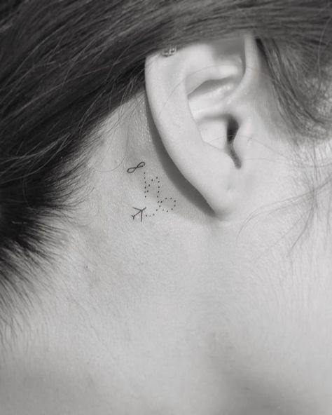 Infinity symbol + Capricorn symbol + airplane tattoo. Mathematical Tattoo, Airplane Tattoo, Infinity Symbol Tattoo, Tattoo Behind Ear, Behind Ear Tattoos, Airplane Tattoos, Omerta Tattoo, Infinity Tattoos, Modern Tattoos