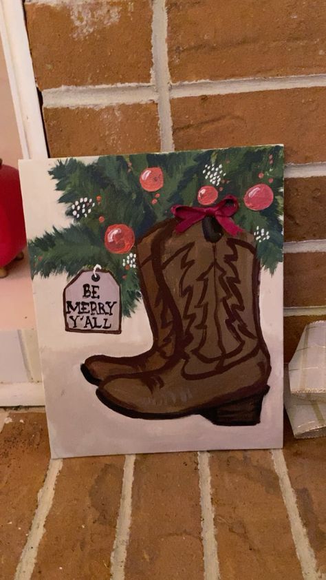 christmas tree ideas Easy Western Paintings Canvases, Mini Canvas Christmas, Christmas Canvas Art Easy, Western Painting Canvas, Diy Christmas Paintings, Drawing Canvas, Boots Country, Christmas Canvas Art, Christmas Boots