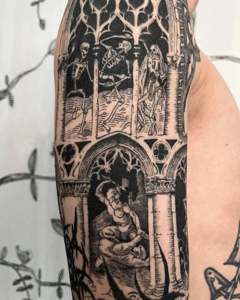 Goth Tattoo Sleeve Ideas, Goth Full Sleeve Tattoo, Gothic Bicep Tattoo, Gothic Linework Tattoo, Dark Full Sleeve Tattoo, Goth Tattoo Sleeve Women, Gothic Arm Sleeve Tattoo, Gothic Leg Sleeve Tattoo, Upper Arm Tattoo Sleeve