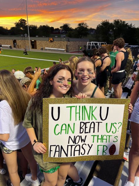 Poster Ideas Football High Schools, Football Student Section Theme Ideas, Football Poster Student Section, Powderpuff Football Signs Ideas, School Spirit Signs Football, Highschool Sports Posters, Camo Football Game Theme Posters, Football Season Signs, Football Season Posters