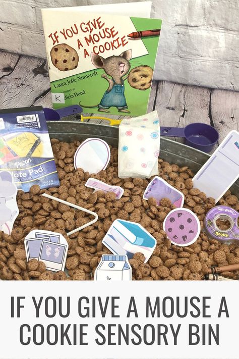 If you give a mouse a cookie sensory bin If You Give A Mouse A Cookie Printables, Book Themed Sensory Bins, Cookie Sensory Bin, If You Give A Mouse A Cookie Activities, If You Give A Mouse A Cookie, Cookie Crisp Cereal, Cookie Printable, Story Retelling, Story Crafts