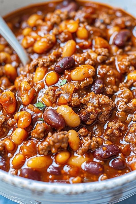 Cowboy Baked Beans - An Organized Chaos Venison Baked Beans, Clean Baked Beans, Cowboy Chili Beans Recipe, Texas Cowboy Beans, Hot Dog And Beans Recipes, Hot Beans Recipe, Hillbilly Baked Beans, Cowboy Baked Beans With Sausage, Dutch Oven Cowboy Beans