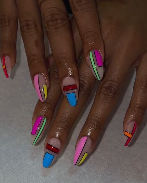 Bright Geometric Nails, 80s Nails 1980s, 90 Nails The 90s Art Designs, Abstract Nail Designs, 80s Nails, Geometric Nails, Fingernails Painted, Nails Styles, Nail Glam