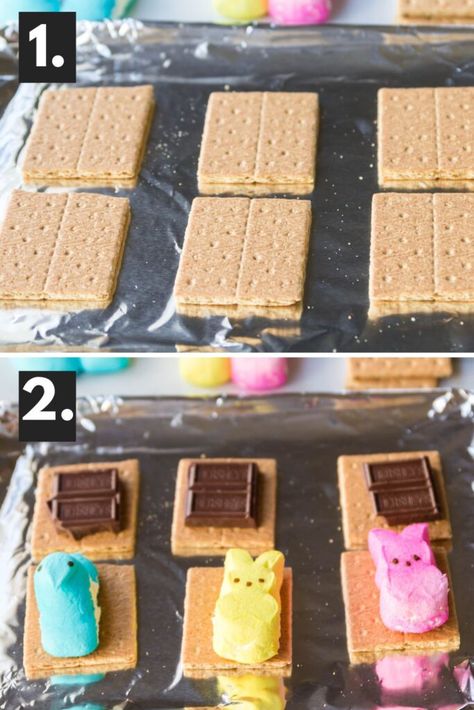 Peeps S'mores are a delicious Easter smores recipe. Made with graham crackers, Peeps, and chocolate. Easter approved easy dessert. This is a great option for using up Peeps out of the Easter basket or you can buy extra Peeps to have on hand. This is a simple dessert. Easter Smores With Peeps, Peeps Smores Easter, Peep Smores Dip, Peep Smores, Peeps Smores, Easter Smores, Smores Dip Recipe, Oven Smores, Smores Snacks