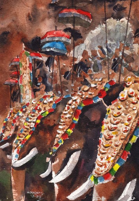 Thrissur Pooram is the cultural festival of Kerala. 100s of decorated elephants and drums present a splendid visual feast. The cream of that festival is presented here in watercolor. Mopasang Valath is a Watercolor artist from India. Can have a look at his Gallery here. It contains images of his watercolors, showing landscape and human life paintings. The watercolors are mainly of loose soothing unique style. Pooram Kerala Painting, Pooram Festival Paintings, Kerala Elephant Painting, Thrissur Pooram Painting, Pooram Kerala Poster, Kerala Culture Illustration, Thrissur Pooram Photography, Pooram Kerala, Kerala Painting