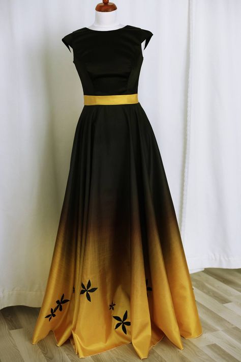 Black/yellow gradient tafetta dress. Made in our studio. Yellow And Black Prom Dress, Black Gown Aesthetic, Hufflepuff Fashion, Elope Dress, Black And Yellow Dress, Hufflepuff Outfit, Black Dinner Dress, Gown Aesthetic, Gala Themes