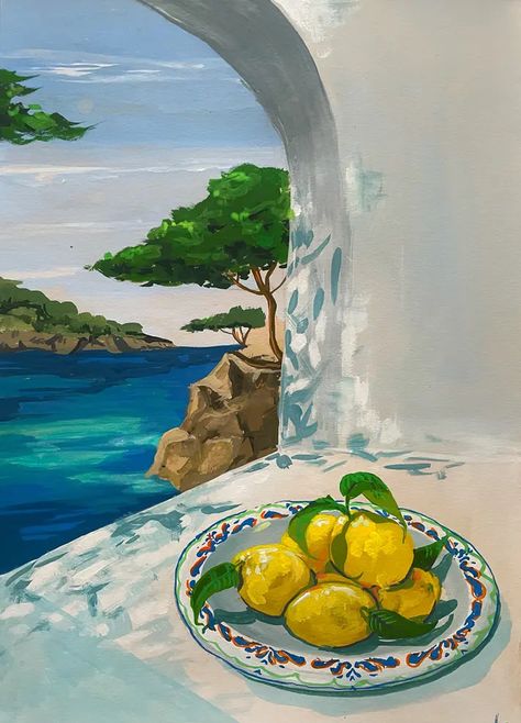 Italian Paintings Easy, Painting Ideas Italy, Mediterranean Drawing, Italy Painting Easy, Amalfi Painting, Italy Watercolor, Italian Paintings, Italy Painting, Summer Painting