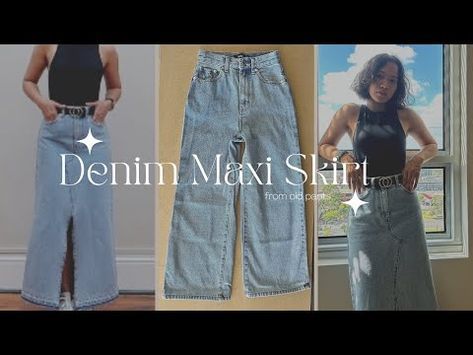 Make A Denim Skirt From Jeans, Upcycle Jeans Skirt Maxi, Making Pants Into A Skirt, Jeans Pants To Skirt, Jean Skirt Made Out Of Old Jeans, How To Make A Long Denim Skirt Out Of Jeans, Making A Denim Skirt From Jeans, Trousers To Skirt Diy, How To Make A Skirt From Pants