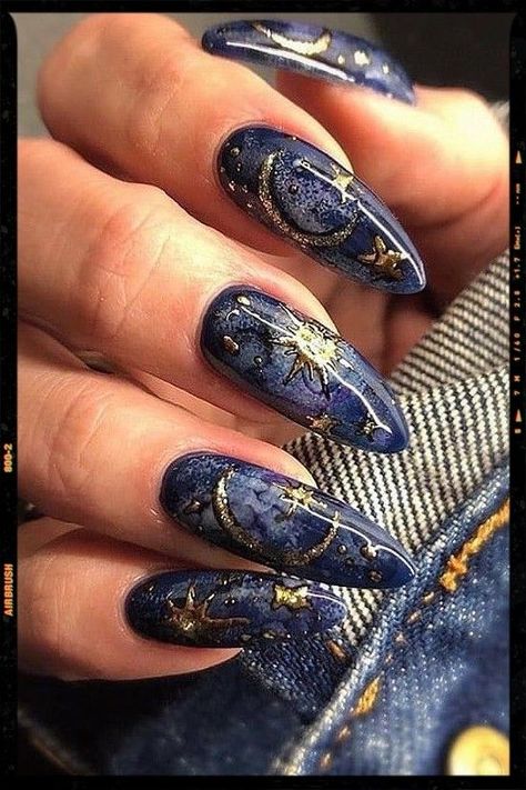 Acrylic Nails Idea | Witchy nails, Dark acrylic nails, Airbrush nails Nails Cheetah, Dark Blue Nails, Witch Nails, Witchy Nails, Sky Nails, Moon Nails, Simple Nail Art Designs, Blue Nail, Nails Polish