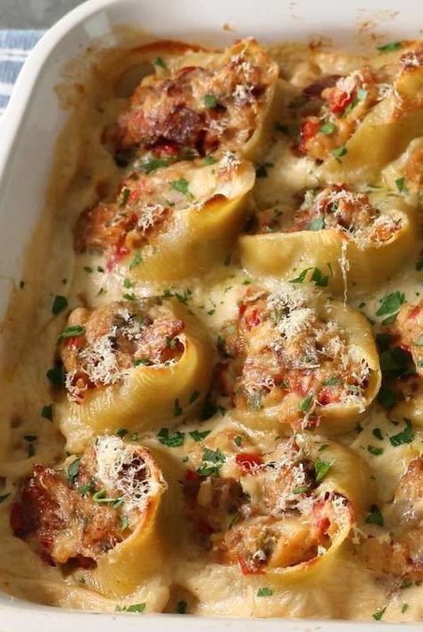 Clam Dinner Ideas, Large Shells Pasta Recipes, Clam Casino Recipe, Recipes For Guests Entertaining, Shrimp Stuffed Shells Recipe, Dinner For Guests Friends, Seafood Stuffed Pasta Shells Recipe, Stuffed Clams Recipe, Clam Dishes