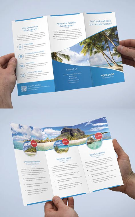 Travel Agency Tri-Fold Brochure Template PSD Travel Agency Brochure Design, Tourist Brochure Design, Travel Brochure Design Layout Trifold, Travel Brochure Design Layout, Travel Brochure Design Creative, Travel Leaflet, Brochure Sample, Travel Brochure Design, Tourist Brochure