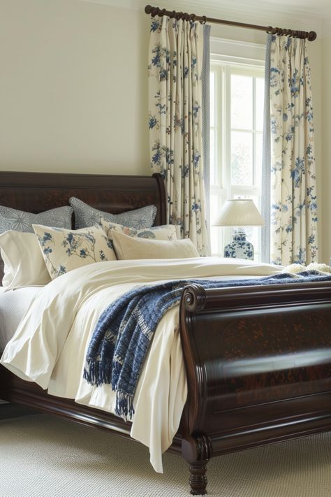 Blue and cream bedrooms offer a serene and sophisticated vibe perfect for unwinding. See more inspiration here. French Bedroom Blue, Navy Blue And Cream Bedroom, Blue Toile Bedroom, Blue And Cream Bedroom Ideas, Cream Bedroom Walls, French Blue Bedroom, White And Blue Bedroom, Navy Bedroom Ideas, New House Aesthetic