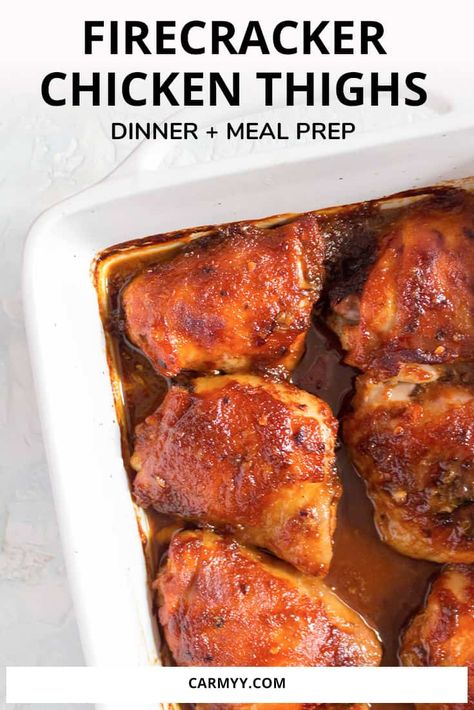 Spicy Chicken Thigh Recipes Baked, Easy Chicken Thigh Meal Prep, Spicy Chicken Thigh Recipes, Chicken Thigh Meal Prep, Spicy Chicken Thighs, Spicy Baked Chicken, Firecracker Chicken, Healthy Baked Chicken, Healthy Freezer Meals