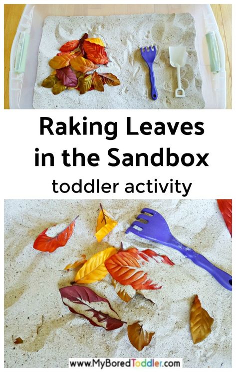 Autumn leaves in the sandbox fall toddler activity - a fun and easy toddler Fall or Autumn sensory play activity #fall #autumn #toddlers #toddleractivity #myboredtoddler #sandpit #sand #sensorybin #sensoryplay Autumn Sand Tray Ideas, Sensory Autumn Activities, Leaves Eyfs Activities, Autumn Sensory Trays, Autumn Eyfs Activities Toddlers, Autumn Sensory Play, Fall Gross Motor Activities For Toddlers, Sandbox Activities, Autumn Activities For Toddlers