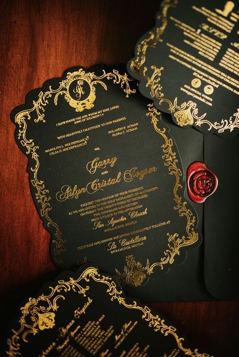 Red And Gold Masquerade Quince, Black Red And Gold Wedding Invitations, Black Gold And Red Quinceanera Theme, Black And Gold Quince Invitations, Burgundy Quinceanera Decorations, Gold And Black Wedding Theme, Royal Sweet 16, Black And Gold Quince, Black And Gold Quinceanera