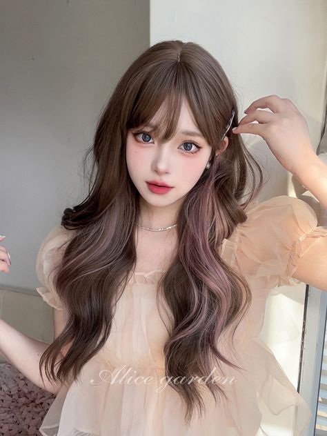 Bangs Colored Hair, Realistic Wig, Natural Waves Hair, Bangs Wig, Pink Wig, Christmas Hairstyles, Asian Hair, Soft Brown, Long Curly Hair