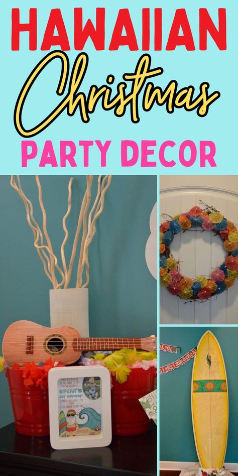 Christmas Luau Party Ideas, Hawaiian Christmas Party, Hawaiian Christmas Decorations, Luau Christmas, Christmas Luau, Tropical Christmas Decorations, Beach Christmas Party, Honolulu City, Christmas In July Party