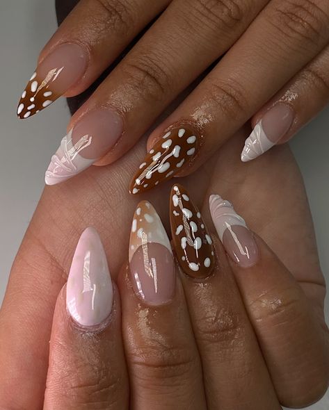 Bambi inspired 🦌🎀✨ #nails #nailsnailsnails #nailtech #nailart #fyp #nailtrends #london #londonnails #londonnailtech #eastlondonnailtech #eastlondonnails #eastlondon Bear On Nails, Winter Almond Nails Designs, Doe Nails, Fawn Nails, Girly Nail Ideas, Bambi Nails, Deer Nails, Nails Sets, Makeup Nails Art