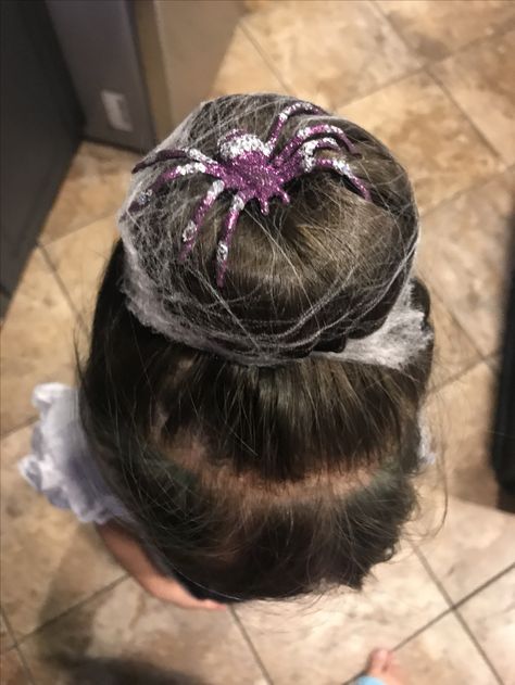 Halloween hair idea. Basic bun with spider web and spider attached. Fun hair ideas. Spider Makeup Kids, Spider Crazy Hair Day, Spider Bun Hair, Crazy Hair Day Halloween Ideas, Spider Hairstyle Halloween, Toddler Halloween Hairstyles, Halloween Hair Ideas For Kids, Toddler Halloween Hair, Kids Halloween Hairstyles