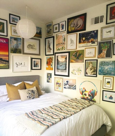 Over The Bed Wall Decor Eclectic, Photo Wall Headboard, Reading Corner Gallery Wall, Art Gallery Bedroom Ideas, Wall Covered In Art, Galary Wall Decor Bedroom, Art Filled Bedroom, Gallery Wall Inspiration Bedroom, Small Bedroom Gallery Wall