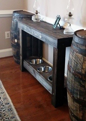 Pet feeding stand and console tables with 18" drawer and three 7.5" diameter holes for bowls #8789F Dog Feeding Station, Wine Barrels, Feeding Station, Dog Food Storage, Dog Rooms, Diy Dog, Dog Bowl, Dog Decor, Dog Feeding