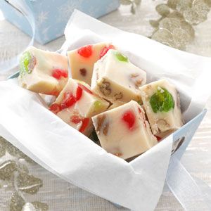 Cherry-Nut White Fudge Recipe.   My Mom used to make all kinds of fudge and this type was my favorite. Flavored Fudge, White Fudge, Candied Cherries, Christmas Candy Homemade, Gluten Free Candy, Christmas Fudge, Cherry Desserts, Christmas Candy Recipes, Cherry Candy