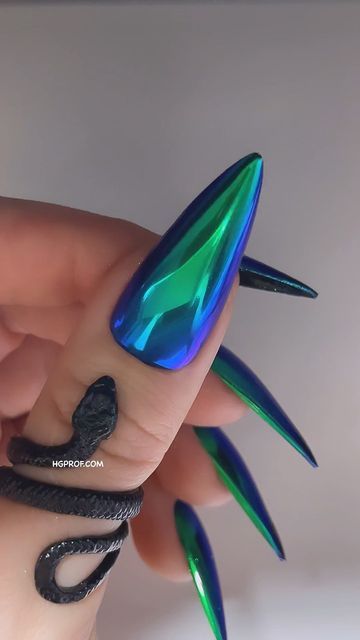 Elena Khan on Instagram: "Dragonfly powder 💙💚 Products used: @hgprofessional Chrome top coat Aurora DRAGONFLY DR-04 . . #helenahanpro #hgprofessional #3dnailart #greennails #nailporn #nails #shinenails #mermaidnails #nailsofinstagram #stilettonails #wakeupandmakeup #3dnails #nailcharms #nailforms #nail #naildesigns #nailpolishaddict #unicornnails #auroranails #chromenails #mirrornails #longnails #nailclub #nailart #bluenails #autumnnails #extralongnails #nailtech" Fall Nails Opi, Nails Plaid, Vibe Nails, Fall Nails 2022, Coffin Fall Nails, Nails Pictures, Fall Rainbow, Opi Fall, Nails Round