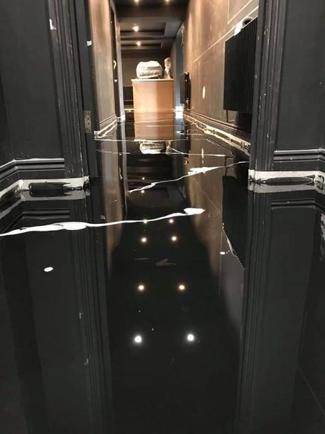 Flooring Interior Design, Black Marble Floor, Epoxy Floor Designs, Epoxy Resin Flooring, Resin Flooring, Dance Studio Decor, Metallic Epoxy Floor, Black Floor Tiles, Basement Remodel Diy