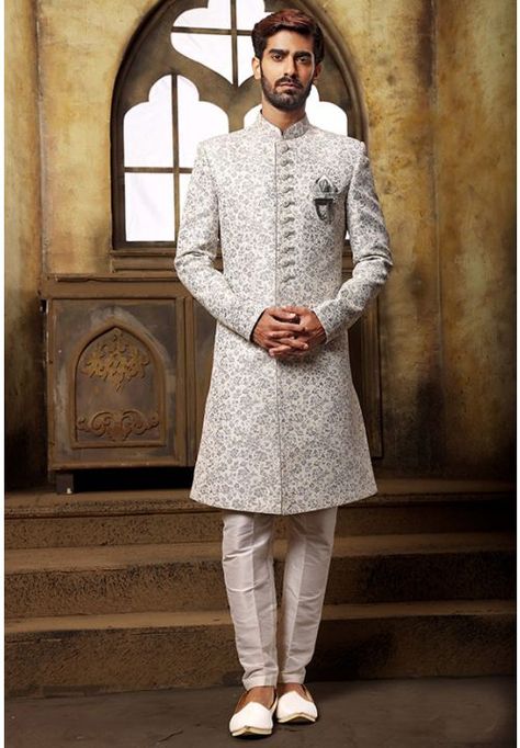 Off White Brocade Jacquard Nawabi Indo Western White Dupatta, Indo Western Sherwani, Sherwani Groom, Sherwani For Men, Wedding Sherwani, Wedding Outfit Men, Readymade Blouse, Gray Silk, Groom Outfit