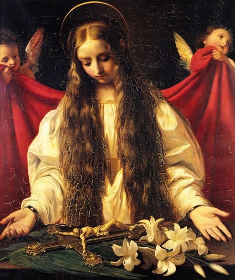 St. Philomena, Virgin, Martyr and Wonderworker. St. Philomena has the distinction of being the only saint canonized SOLELY on the basis of the profound miracles attributed to her intercession. Santa Filomena, Saint Philomena, St Dymphna, Mary Magdalene, Catholic Art, Classical Art, Black Mamba, Sacred Art, Mother Mary