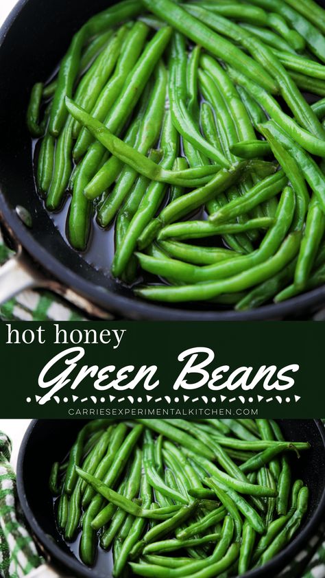 Fresh steamed green beans tossed in a sweet and spicy hot honey and butter sauce. A simple way to add a little heat to your vegetables! Buttered Green Beans, Hot Honey Green Beans, Spicy Green Beans Canned, Sweet And Spicy Green Beans, Meal Prep Green Beans, Honey Butter Green Beans, Honey Garlic Green Beans, Parmesan Roasted Green Beans, Fresh Green Bean Recipes