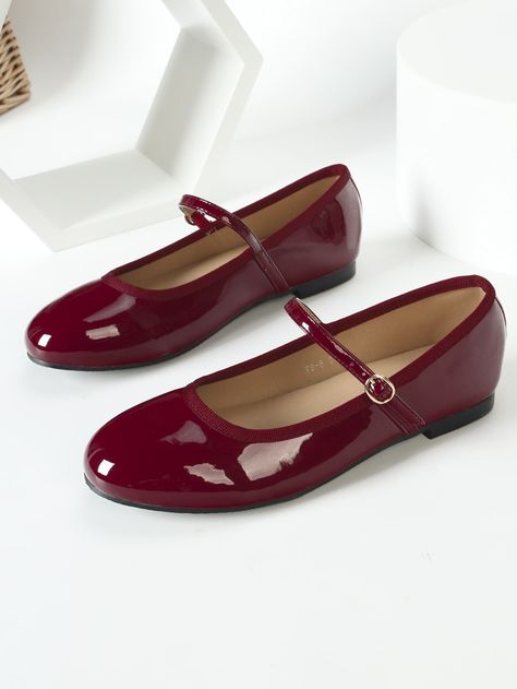 Red Mary Jane Shoes, Red Shoes Flats, Shoes Png, Burgundy Flats, Shein Shoes, Zapatos Mary Jane, Mary Jane Shoes Flat, Burgundy Shoes, Red Flats