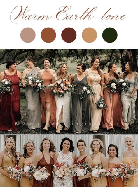 Wedding Colors November Colour Palettes, Fall Wedding Colors For Bridesmaids, Sedona Color Bridesmaid Dresses, Bridemaids Dresses Fall October, Rust And Sage Wedding Colors, Fall Colour Bridesmaid Dresses, Family Wedding Photos Color Schemes, Fall Bridesmaids Colors, Fall Palette Wedding