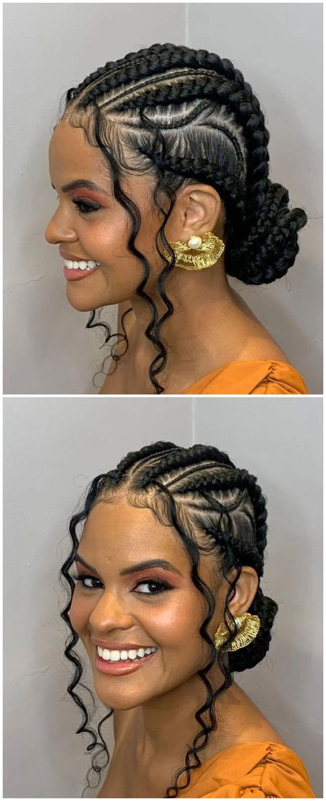 Funali Braids With Natural Hair, Braid Hairstyles For A Wedding, Natural Braid Styles For Black Women No Weave, Cornrows Added Hair, Five Feedin Braids To The Back, Low Ponytail Box Braids, Braided Wedding Styles Black Hair, Black Woman Wedding Hairstyles Braids, Braided Updo Wedding African American