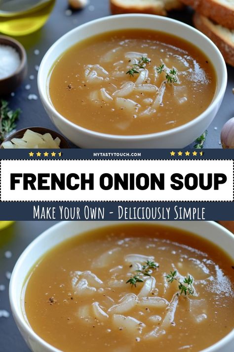 Join me in making this comforting French Onion Soup! With just a handful of ingredients like sweet onions, broth, and a touch of thyme, this recipe transforms into a rich and flavorful dish. Perfect for cozy nights in, this soup is both easy to make and incredibly satisfying! Let's dive into the simplicity and warmth of homemade comfort food. Simple French Onion Soup, Classic French Onion Soup, Onion Soup Recipe, Oven Safe Bowls, Homemade Comfort Food, Sweet Onions, French Onion Soup Recipe, Classic French Dishes, Gooey Cheese