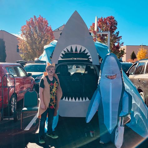 Shark Theme Trunk Or Treat, Shark Trunk Or Treat Ideas For Cars, Jaws Trunk Or Treat Ideas, Shark Trunk Or Treat, Shark Float, Zoomerang Vbs, Cottage Bedroom Decor, Trunk Or Treat Ideas, Shark Costume