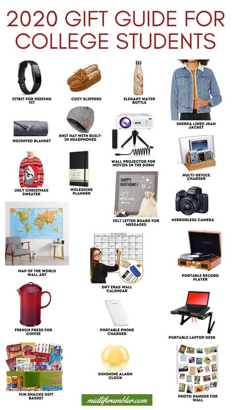 2020 Christmas Gift Guide - Gifts for College Students. We've got the best Christmas gifts for both girls and boys: useful gifts, practical gifts, gifts for the dorm room and gifts just for fun that your college students are sure to love. #giftguide #christmas2020 #christmasgiftguide #giftsforcollegestudents #midliferambler College Gifts Basket, Christmas Gift Ideas For College Girl, College Gift Basket For Girls, Gifts For College Girls Ideas, College Student Christmas Gifts, College Christmas List, Off To College Gift Ideas, Gifts For University Students, Dorm Gift Basket