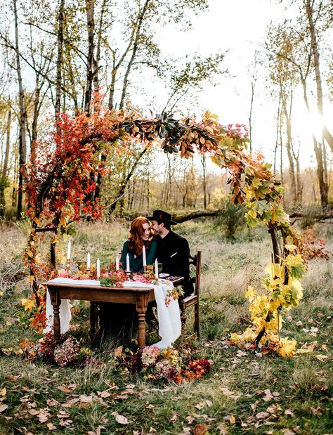 Vintage autumn inspired elopement Fall Wedding Flowers, Fall Wedding Decorations, Wedding Inspiration Fall, Wedding Forward, Outside Wedding, Marriage Ceremony, Wedding Ceremony Decorations, Woodland Wedding, Halloween Wedding